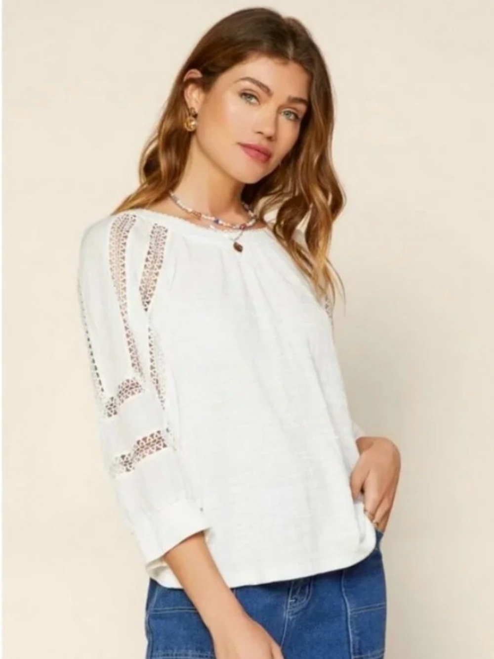 Skies Are Blue Off-White Crochet Lace Trim Knit Peasant Blouse Size XL NWT